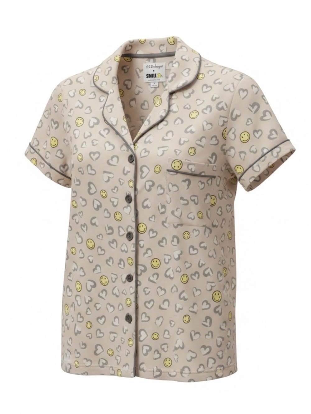 PJ Salvage Smiley Face Pajama Top XS Heart Print Button Down Sleep Shirt